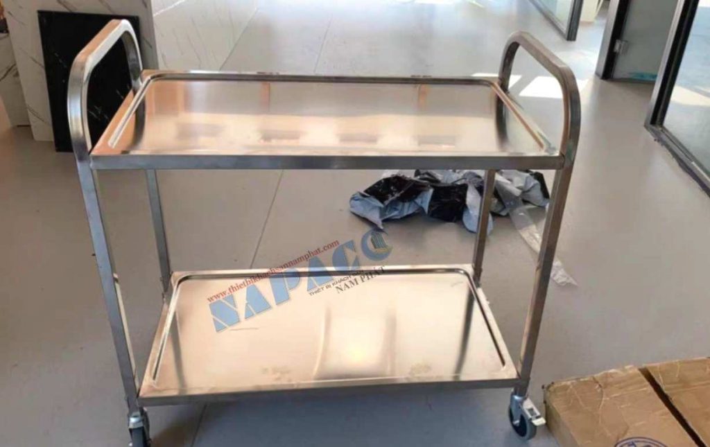 Mẫu xe đẩy thức ăn inox 2 tầng nhà hàng khách sạn cao cấp