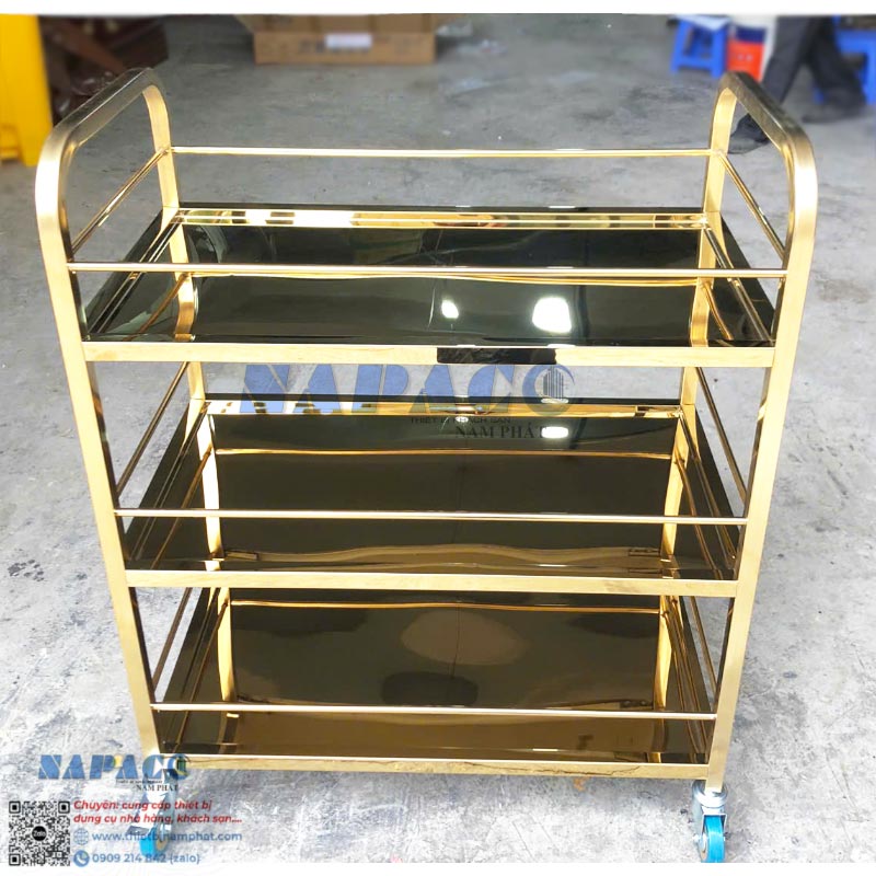 xe đẩy thức ăn inox 3 tầng mạ vàng